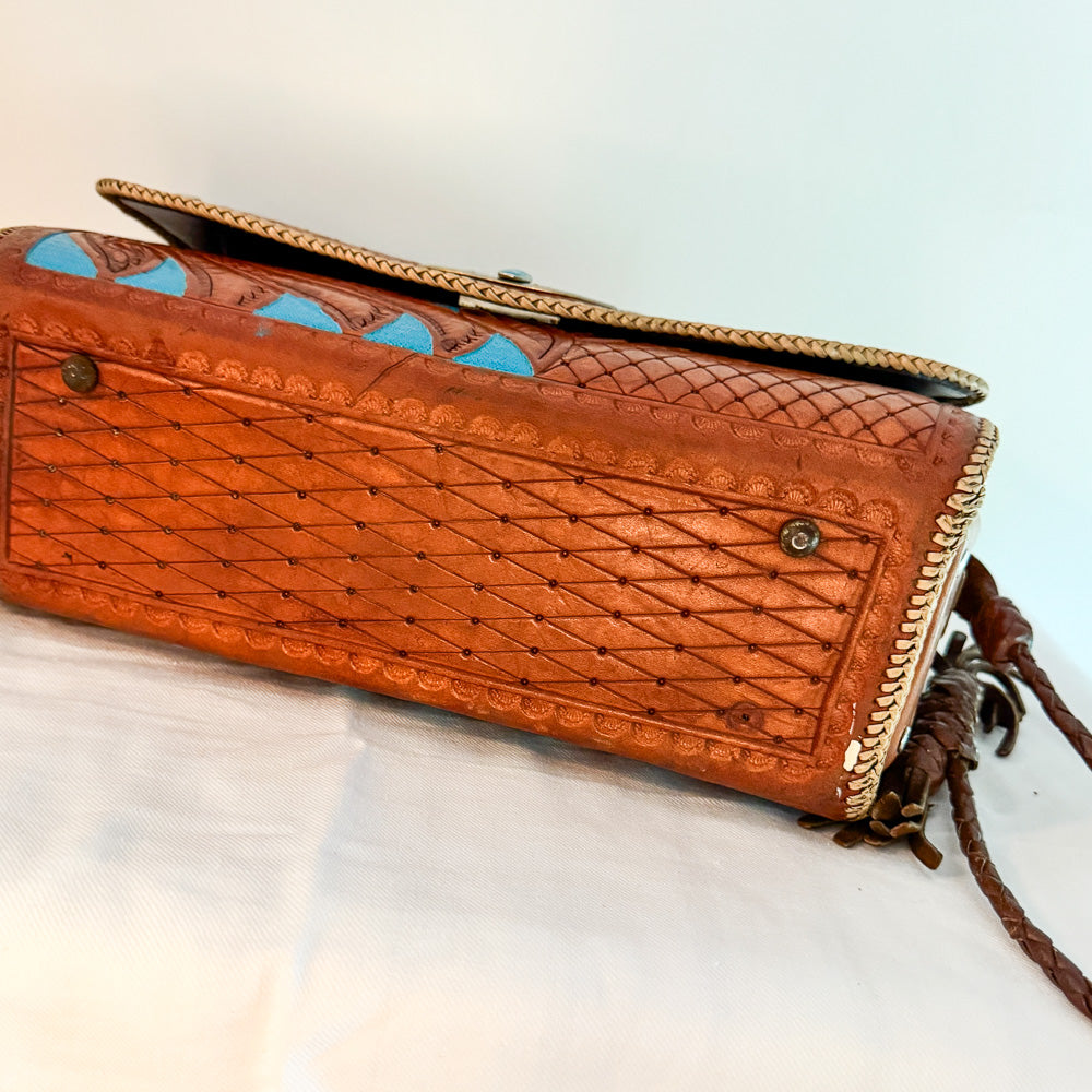 Western Floral Tooled Leather Clutch with Turquoise Detail
