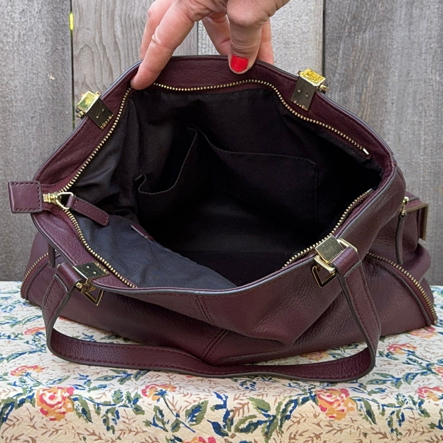 Burgundy Leather Vince Camuto Shoulder Bag with Side Zips