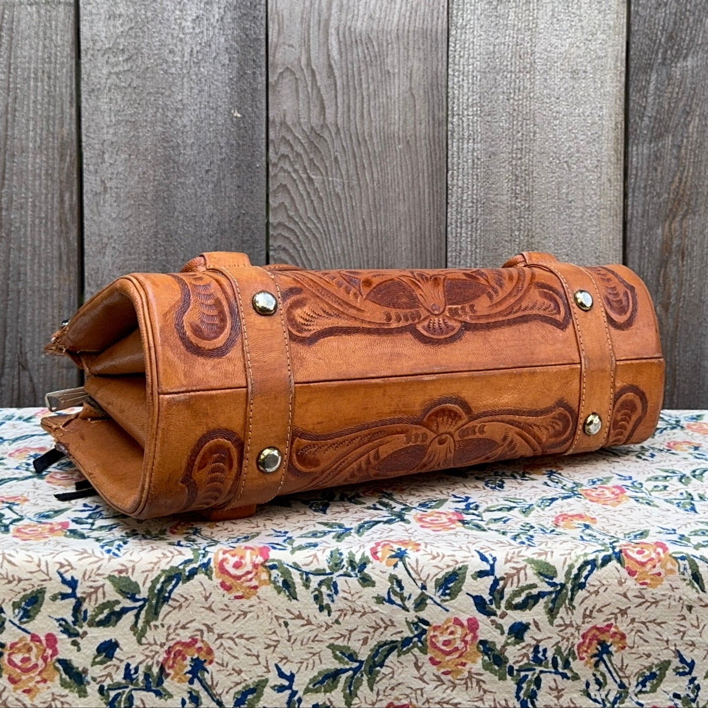 Black Gem Studded Tooled Leather Vintage Western Shoulder Bag
