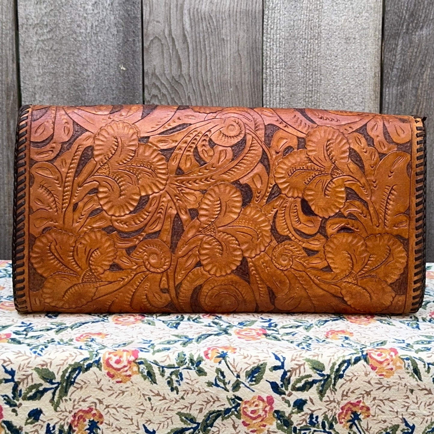 Floral Tooled Leather Western Vintage Clutch