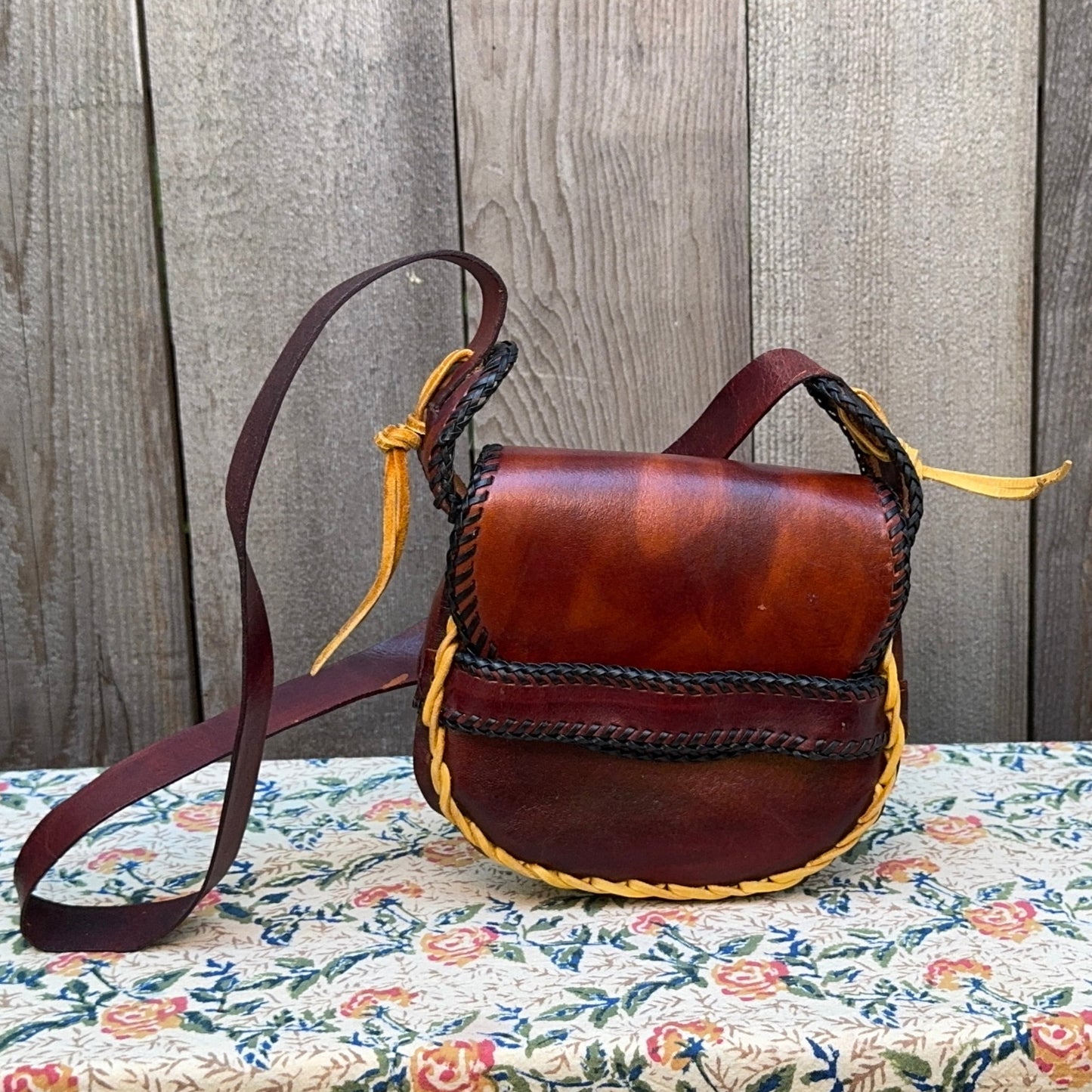 Yellow and Black Trim Brown Leather Mini Saddle Bag