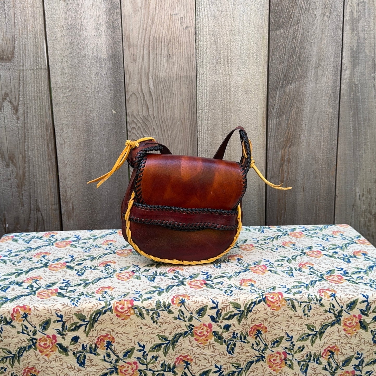 Yellow and Black Trim Brown Leather Mini Saddle Bag