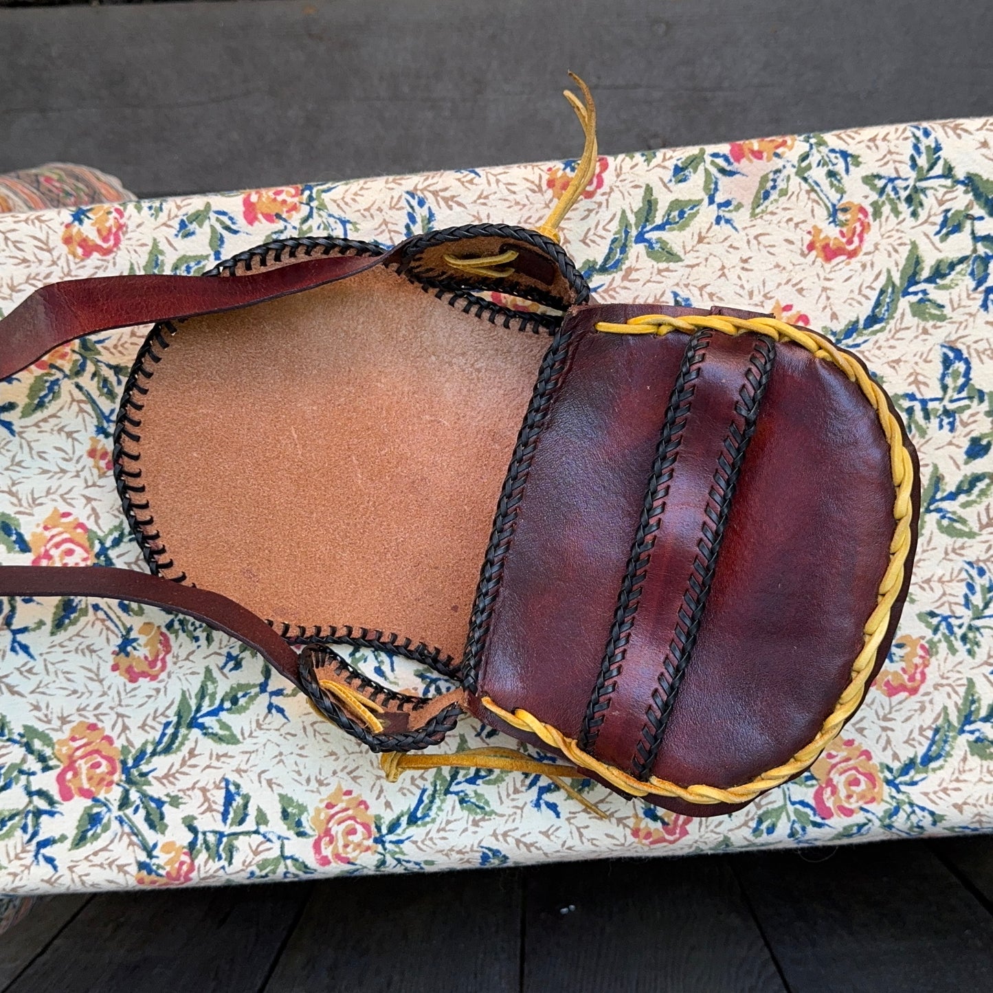 Yellow and Black Trim Brown Leather Mini Saddle Bag