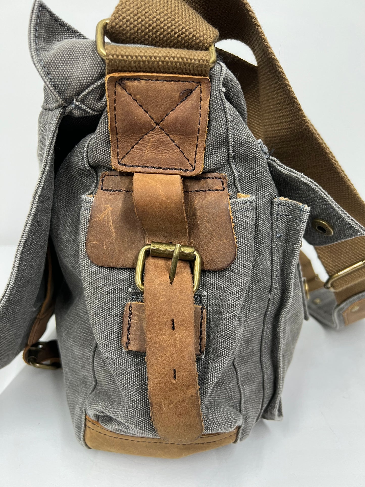 Tommy Grey Canvas Messenger Bag Side Detail