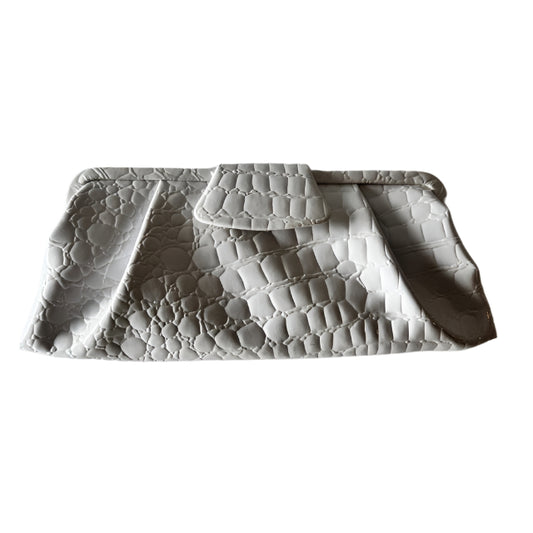 White Faux Crocodile Clutch with Center Flap Closure
