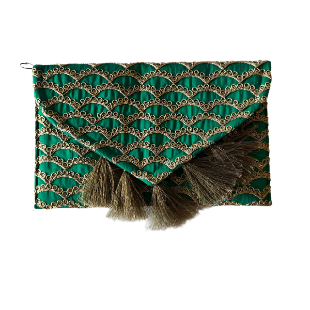 Green Clutch with Embroidery and Gold Tassels