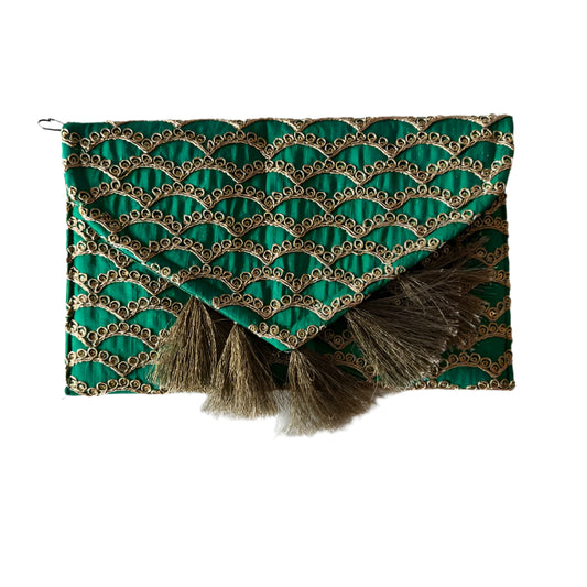 Green Clutch with Embroidery and Gold Tassels
