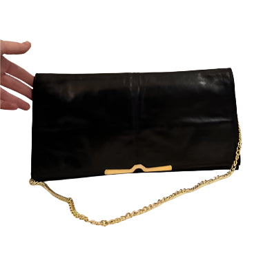 Black Leather Clutch with Gold Libra Hardware, Chain Strap