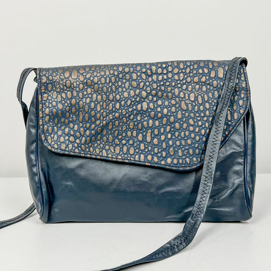 DARCY - Navy Leather Animal Print Bag Vintage