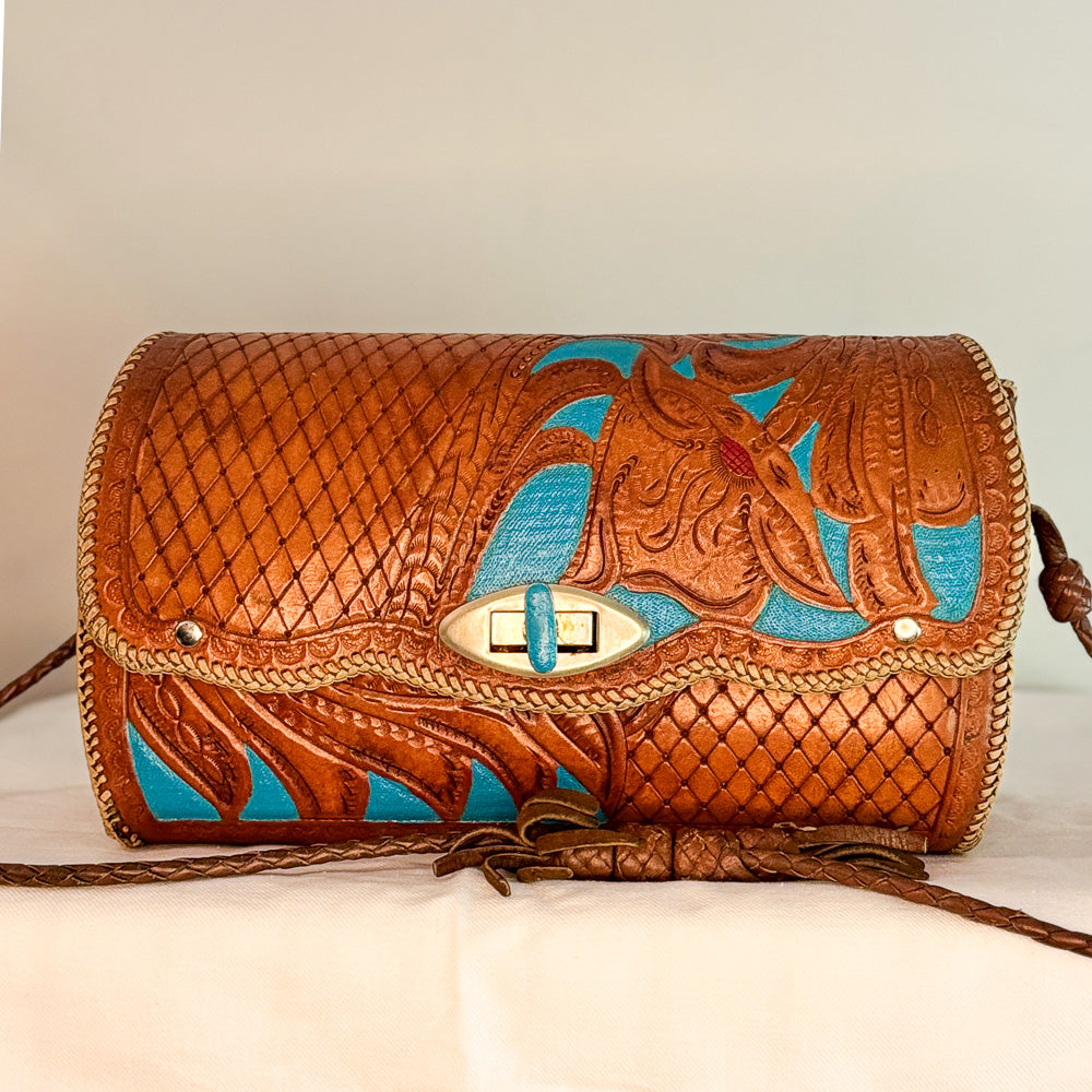 Western Floral Tooled Leather Clutch with Turquoise Detail