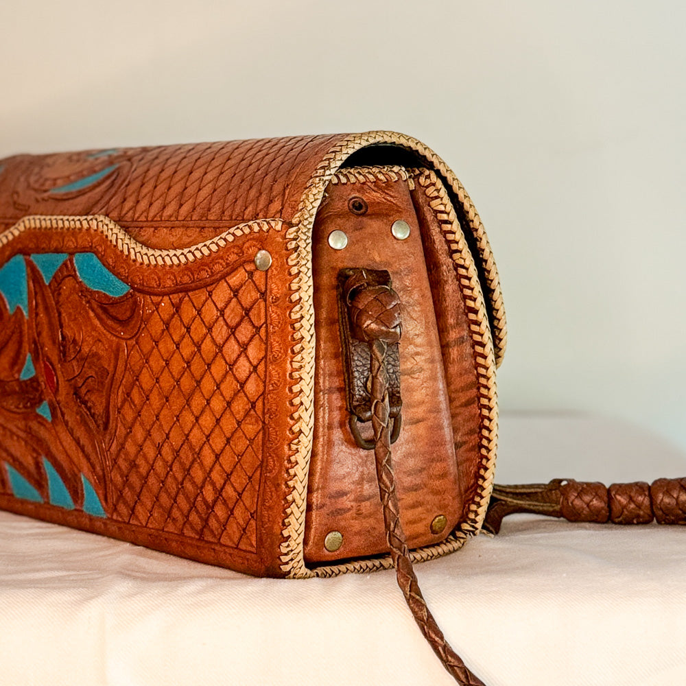 Western Floral Tooled Leather Clutch with Turquoise Detail