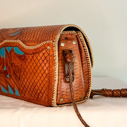 Western Floral Tooled Leather Clutch with Turquoise Detail