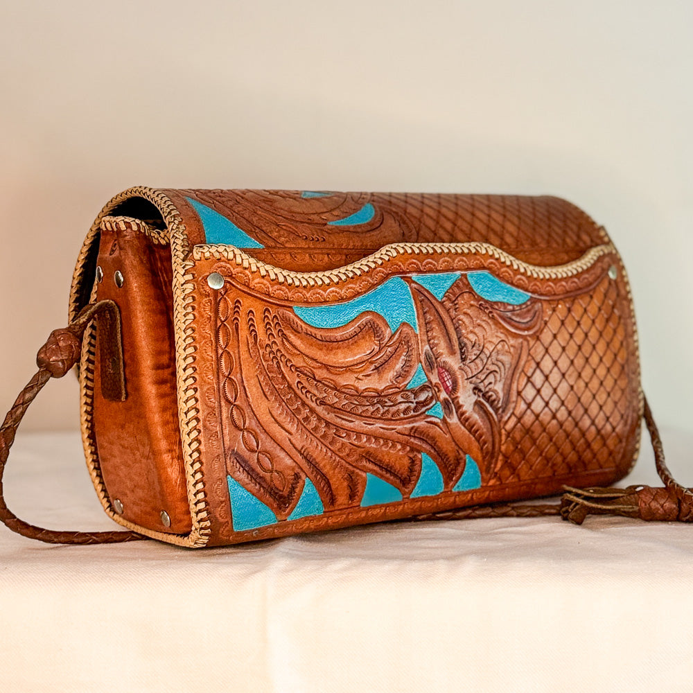 Western Floral Tooled Leather Clutch with Turquoise Detail