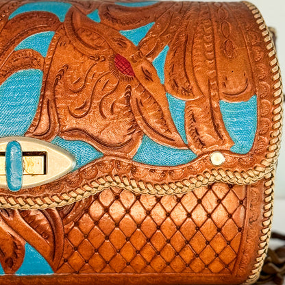 Western Floral Tooled Leather Clutch with Turquoise Detail