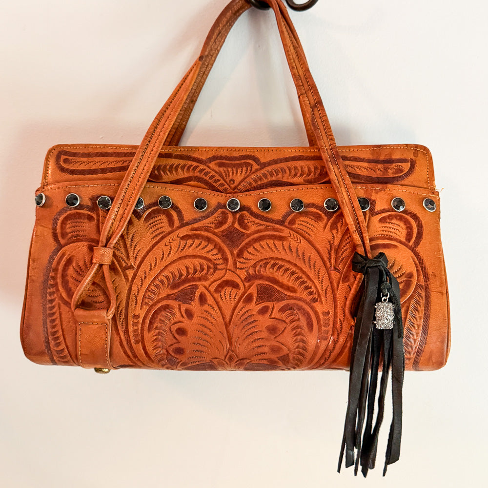 Black Gem Studded Tooled Leather Vintage Western Shoulder Bag