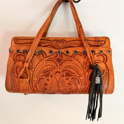 Black Gem Studded Tooled Leather Vintage Western Shoulder Bag