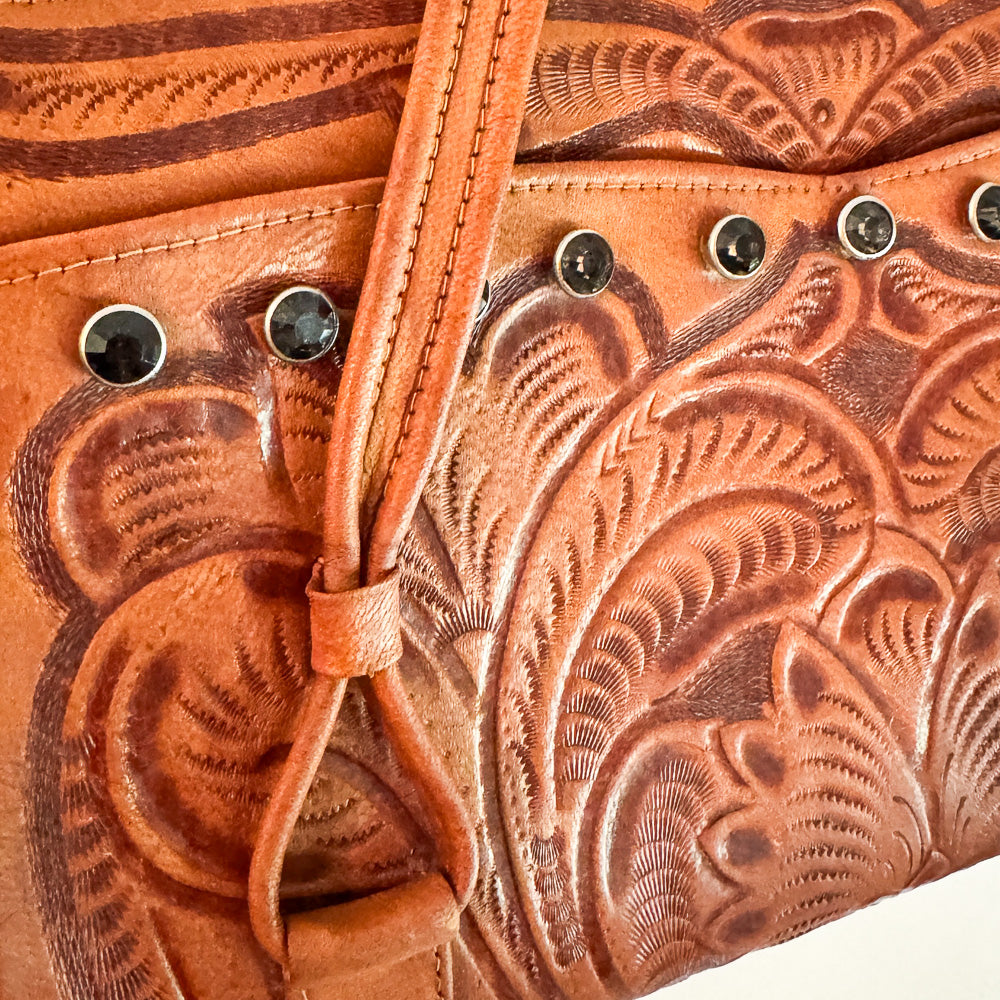 Black Gem Studded Tooled Leather Vintage Western Shoulder Bag