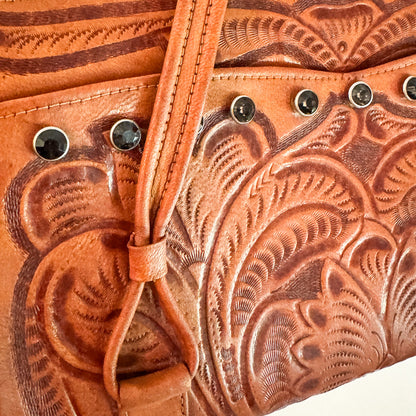 Black Gem Studded Tooled Leather Vintage Western Shoulder Bag