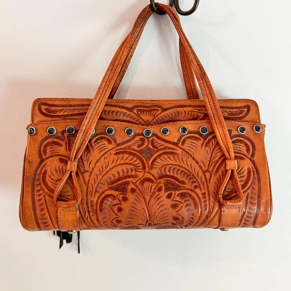 Black Gem Studded Tooled Leather Vintage Western Shoulder Bag