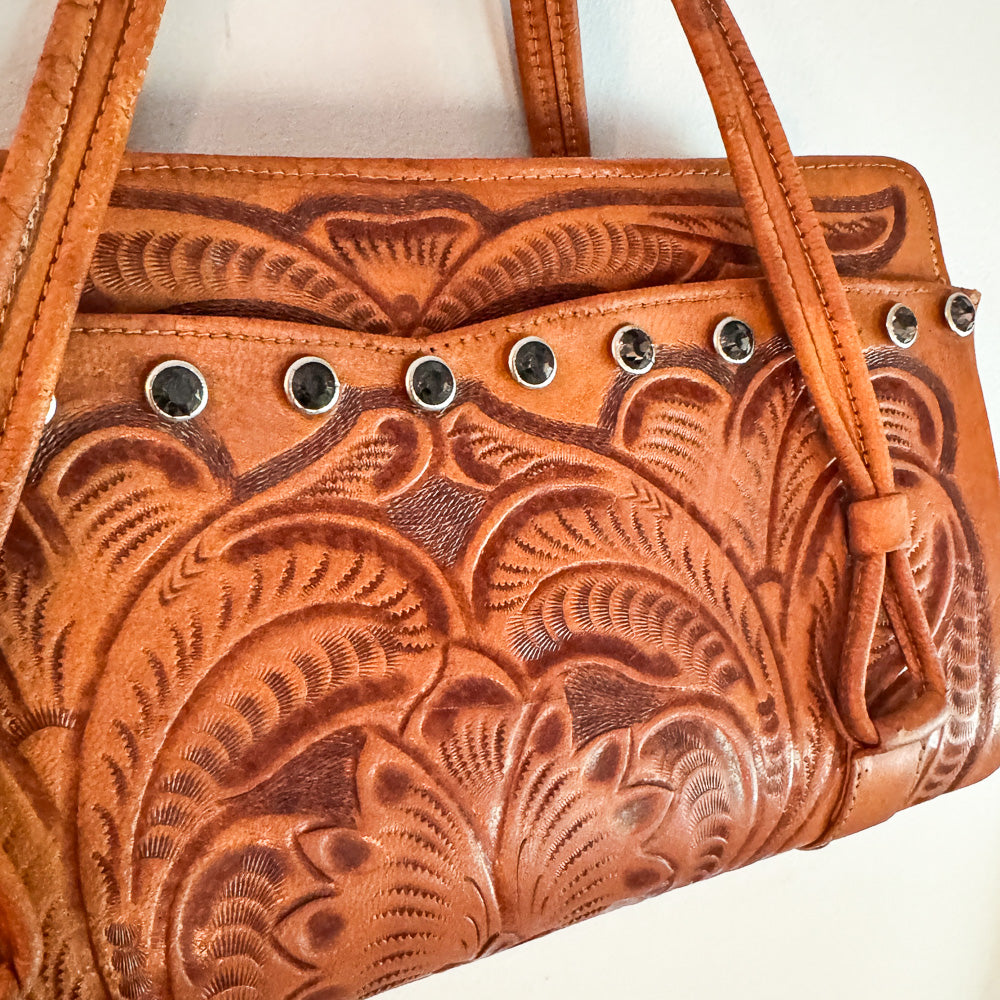 Black Gem Studded Tooled Leather Vintage Western Shoulder Bag