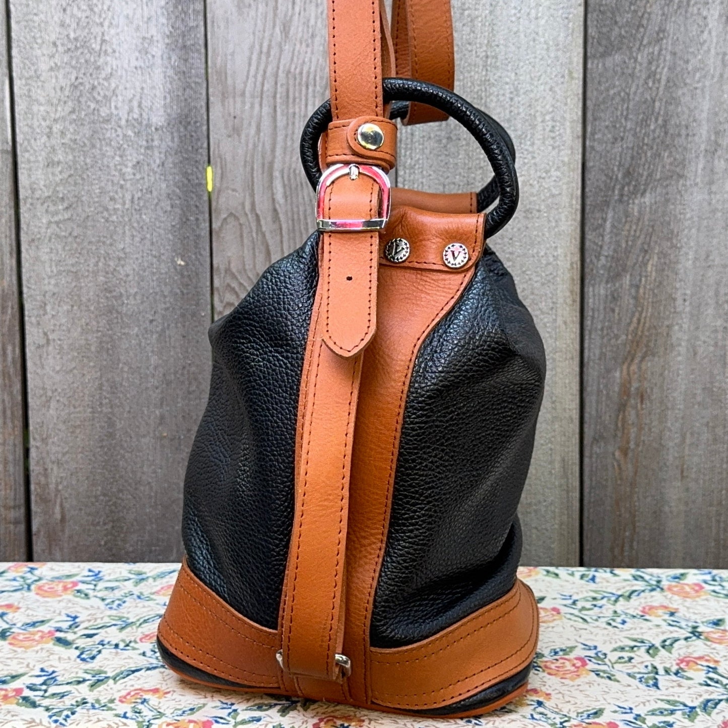 Valentina Pebbled Leather Black and Tan Bucket Bag