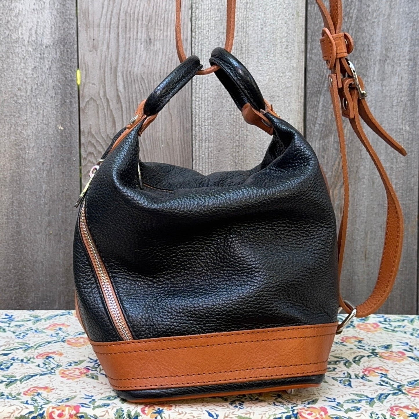 Valentina Pebbled Leather Black and Tan Bucket Bag
