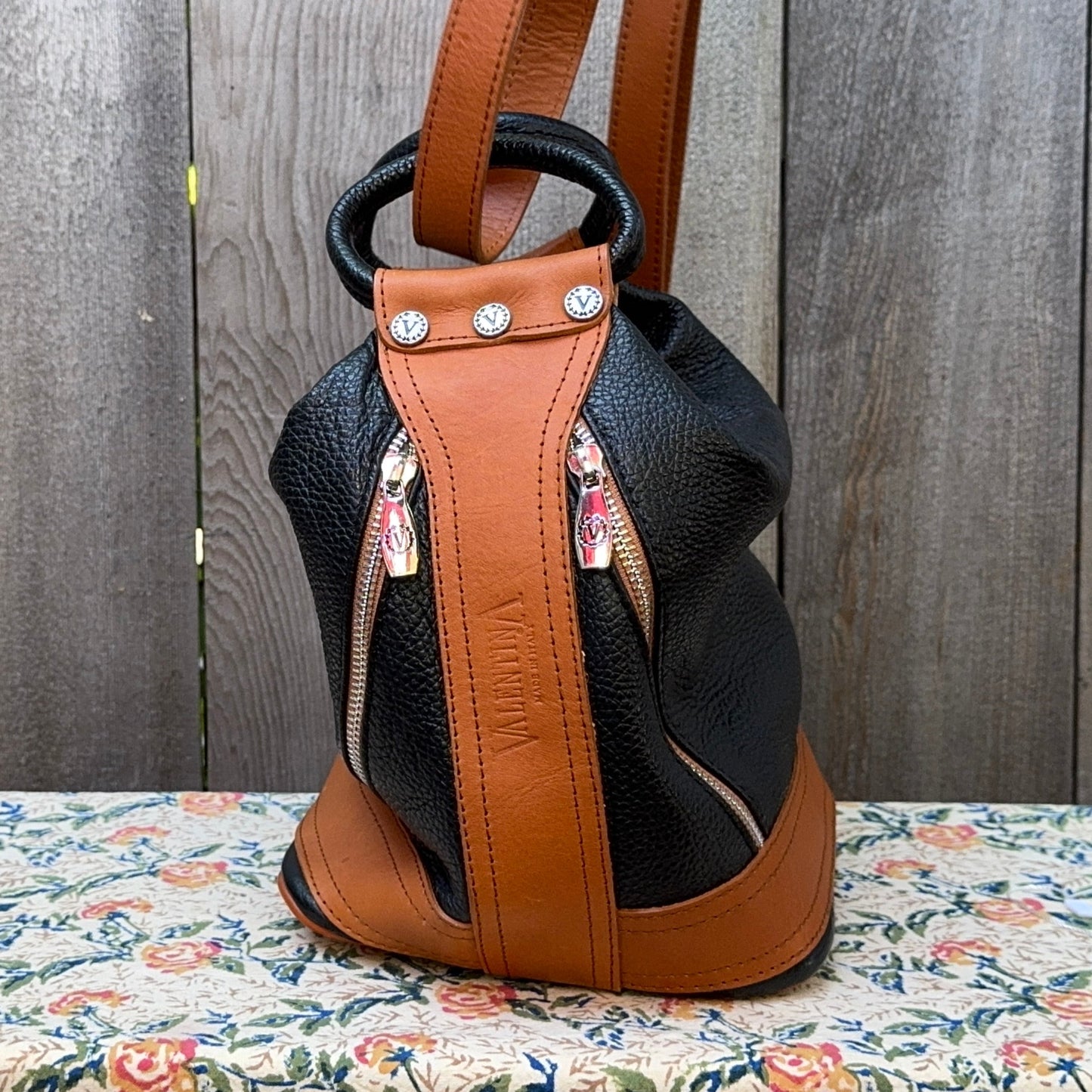 Valentina Pebbled Leather Black and Tan Bucket Bag