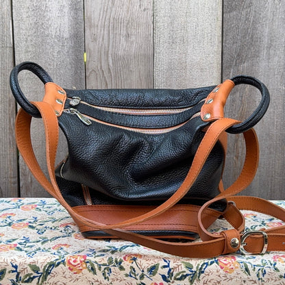 Valentina Pebbled Leather Black and Tan Bucket Bag