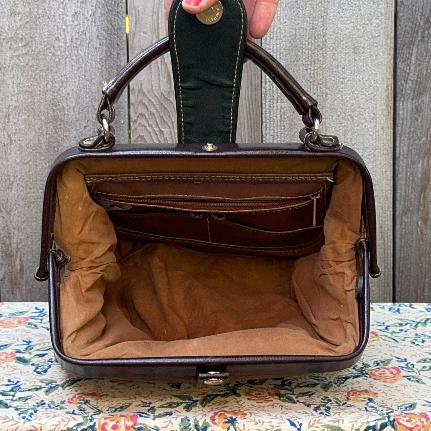 Vintage Leather Top Handle Rivage Classic Metal Frame