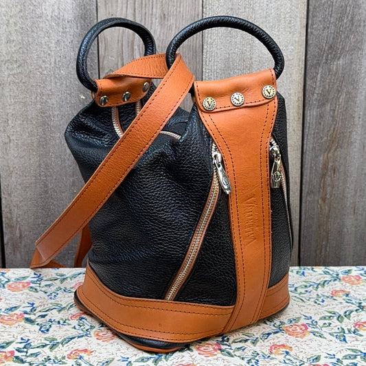 Valentina Pebbled Leather Black and Tan Bucket Bag