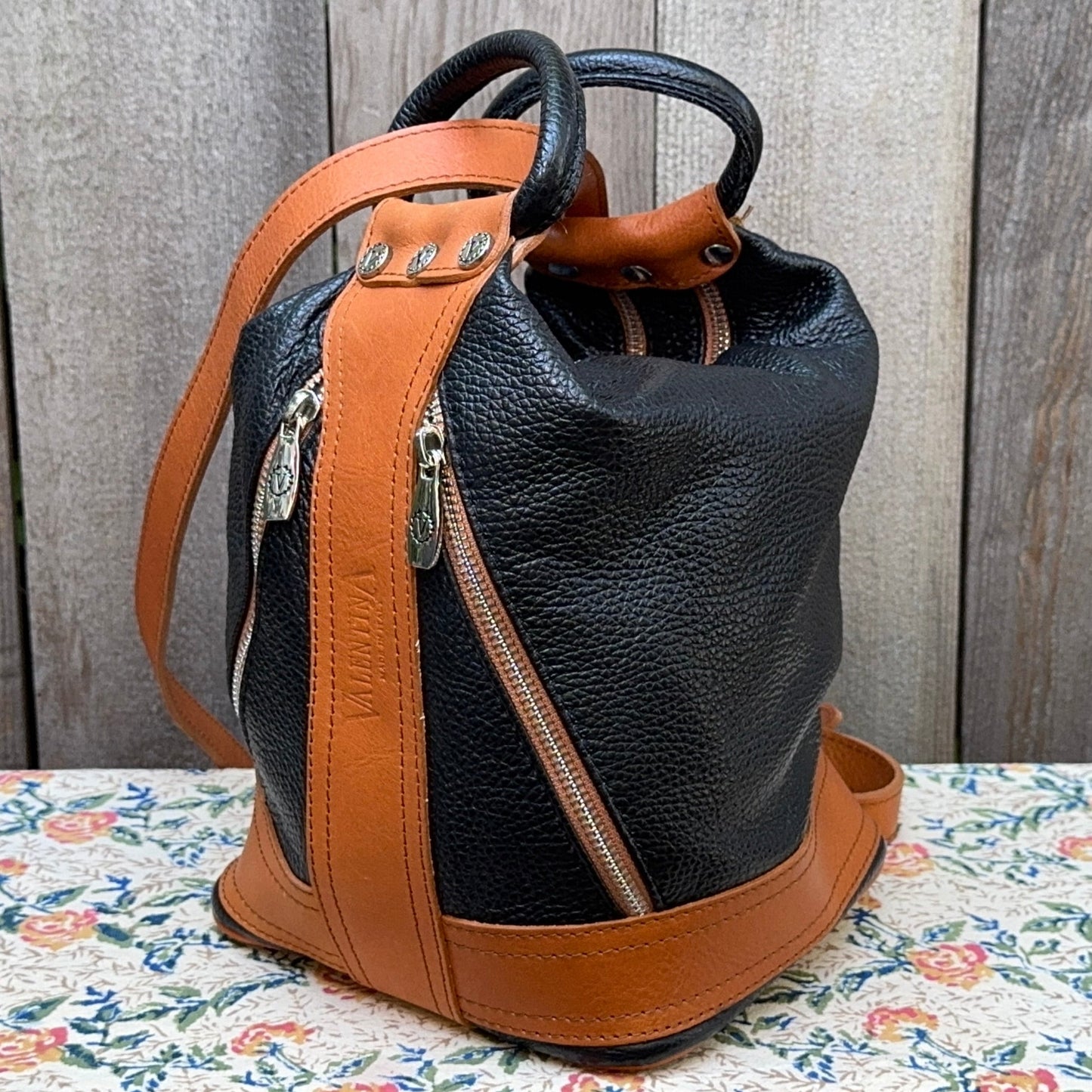 Valentina Pebbled Leather Black and Tan Bucket Bag
