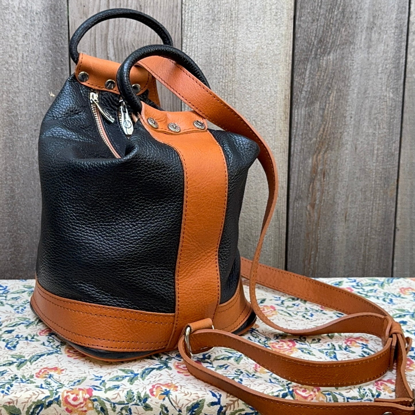 Valentina Pebbled Leather Black and Tan Bucket Bag