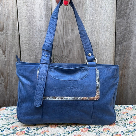 Blue Shoulder Bag with Snake Trim Detail.