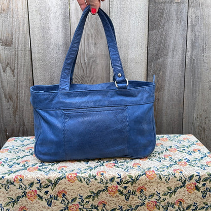 Blue Shoulder Bag with Snake Trim Detail.