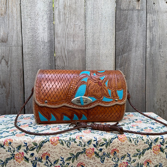 Western Vintage Tooled Leather barrel bag with turquoise paint