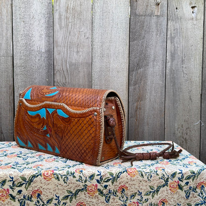 Western Vintage Tooled Leather barrel bag with turquoise paint