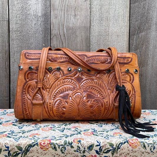Black Gem Studded Tooled Leather Vintage Western Shoulder Bag