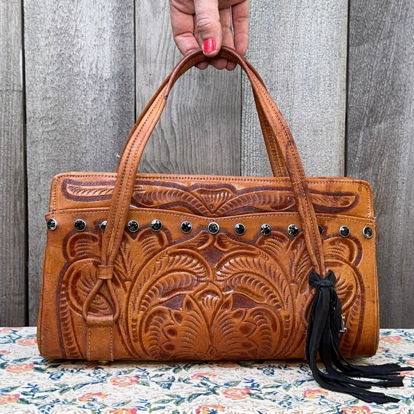 Black Gem Studded Tooled Leather Vintage Western Shoulder Bag