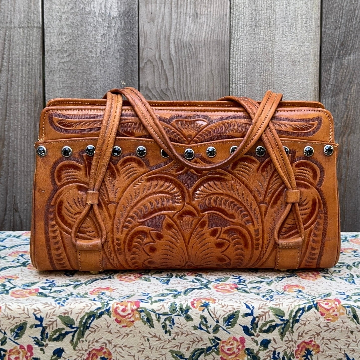 Black Gem Studded Tooled Leather Vintage Western Shoulder Bag