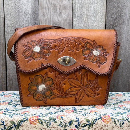 Blue Daisy Tooled Leather Vintage Western Shoulder Bag