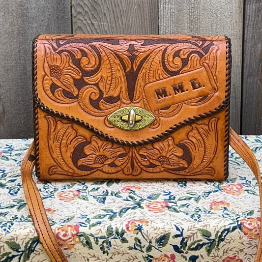 Hand Crafted Tooled Leather Handbag with initials MML