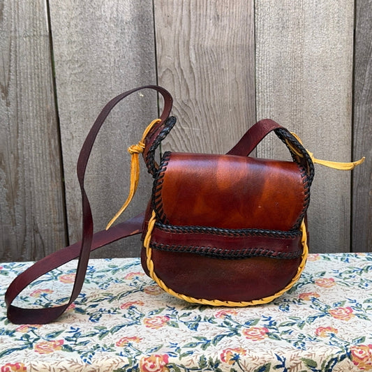 Yellow and Black Trim Brown Leather Mini Saddle Bag