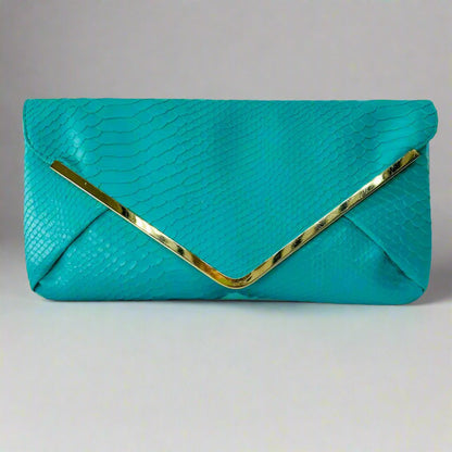 Teal envelope clutch with gold trim